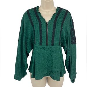 Koche Lace Trim Python Zip Top Blouse Womens Size 32‎ US XXS Green Black Ruffled